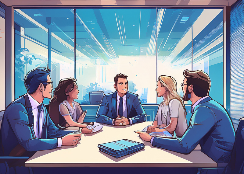Bild im Comic Stil, Menschen sitzen an einem Tisch in einem Meetingraum