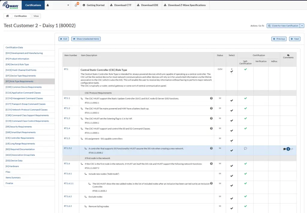 Ansicht des Z-Wave Certification Portals